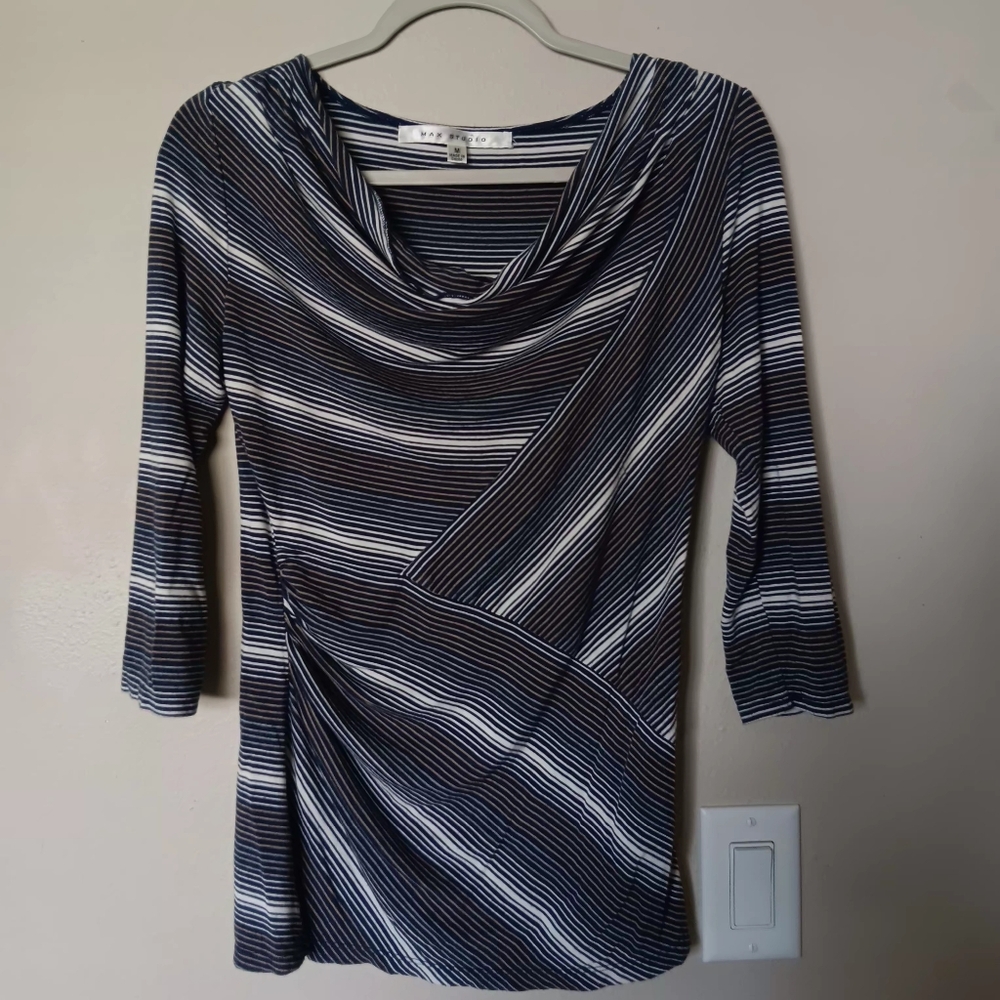 Three-Quarter Sleeve Navy & White Striped Cowl Neck Top - Picture 6 of 9